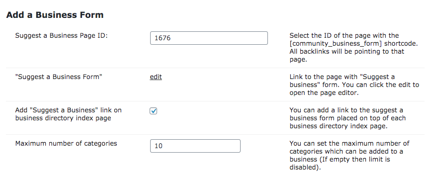 Add a Business Form settings - WordPress Local Business Directory