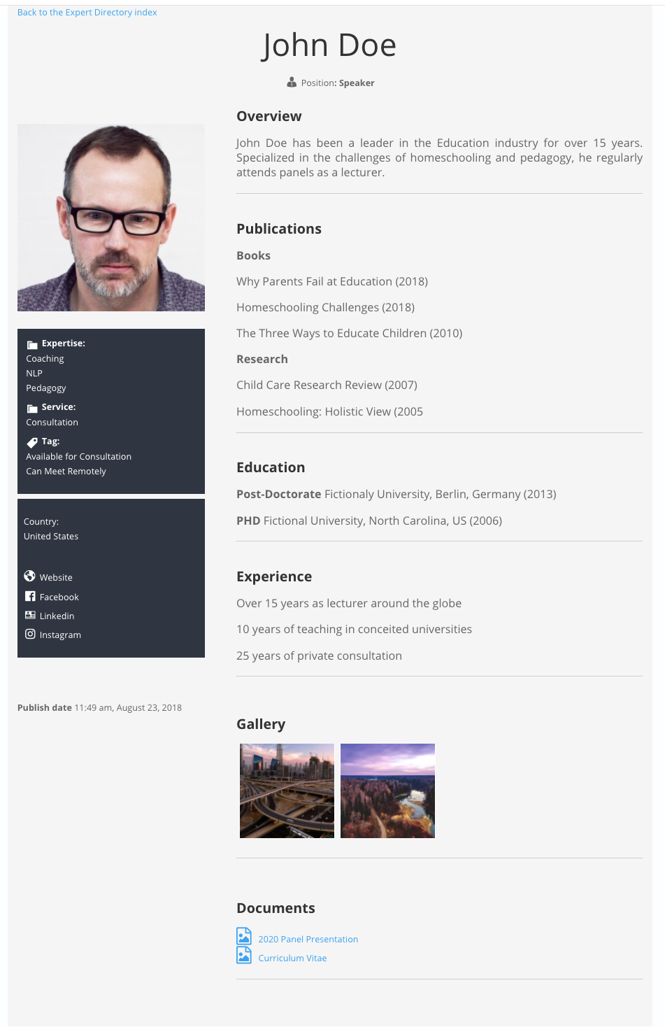 Example of the expert page - WordPress Staff Directory Plugin