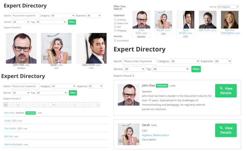 4 available directory views - WordPress Members Directory