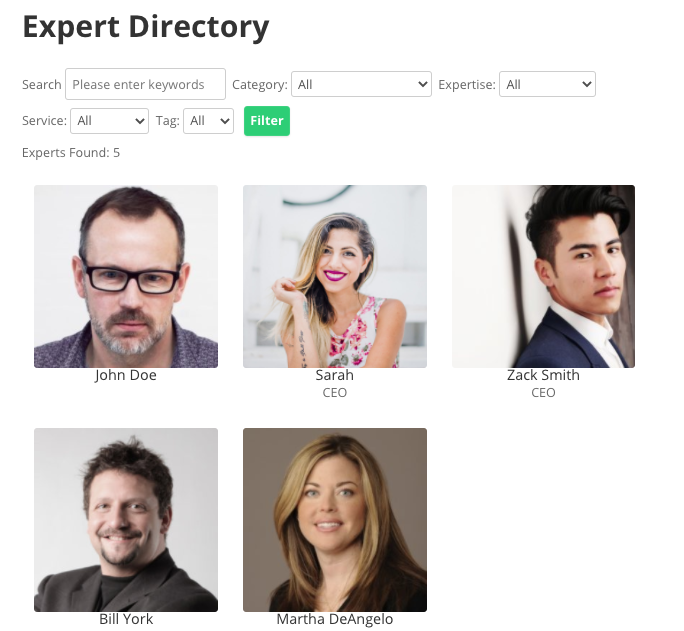 Example of the expert directory index page - WordPress Members Directory