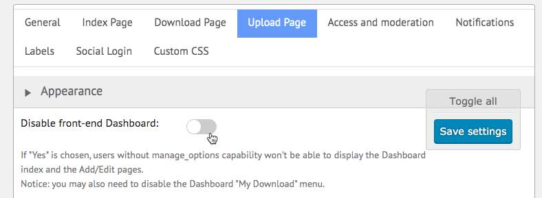 Disabling user dashboard - WP File Download Plugin