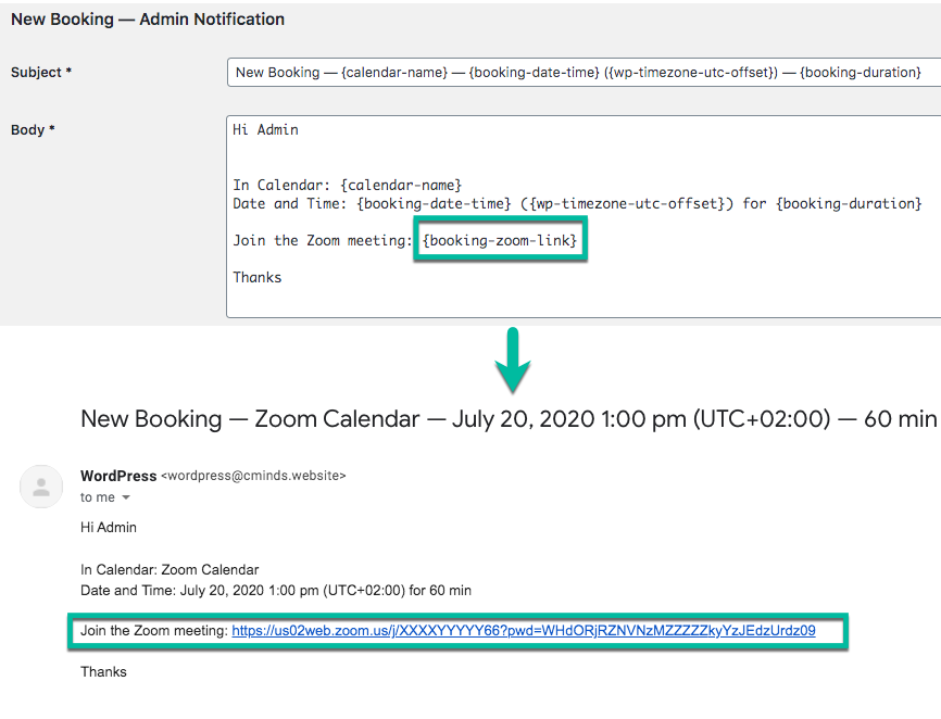 Adding Zoom info to email notifications - WordPress Scheduling Plugin