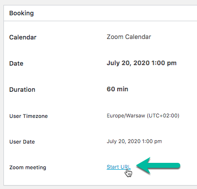 Where to find the Zoom link - WordPress Calendar Booking Plugin