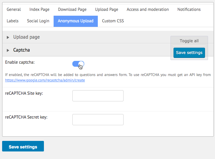 Captcha settings for anonymous users - File Manager WordPress