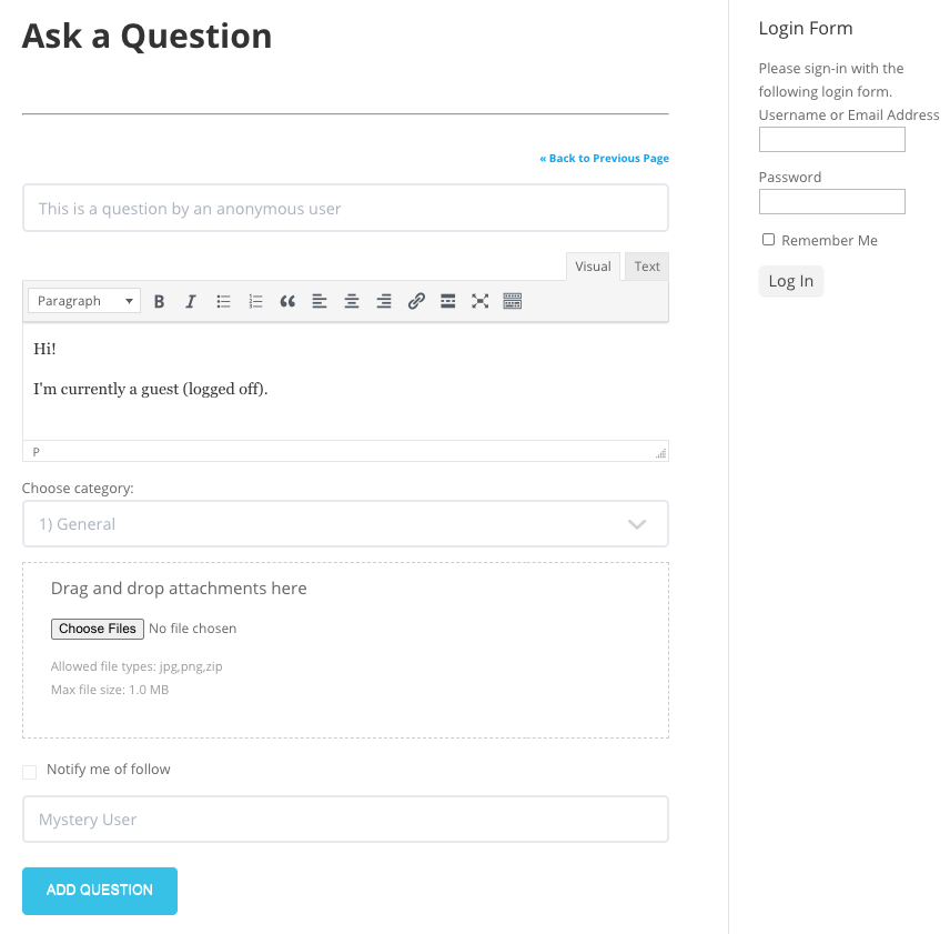 Question submission form on the forum for guest users - WordPress Forum Plugin