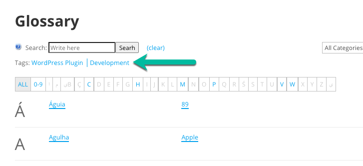 Tags on the glossary index page - WordPress Internal Linking Plugin