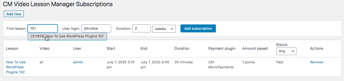 Providing a subscription to the user manually - WordPress Video Lessons Plugin