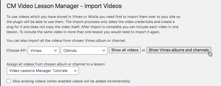 Choosing the source of importing - WordPress Video Lessons Plugin