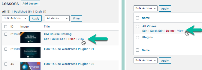 Links for viewing lessons and courses - WordPress Video Course Plugin