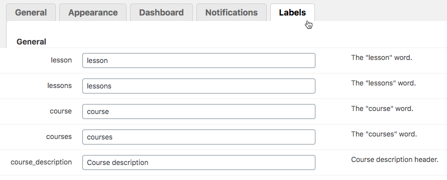 Labels settings - WordPress eLearning Plugin