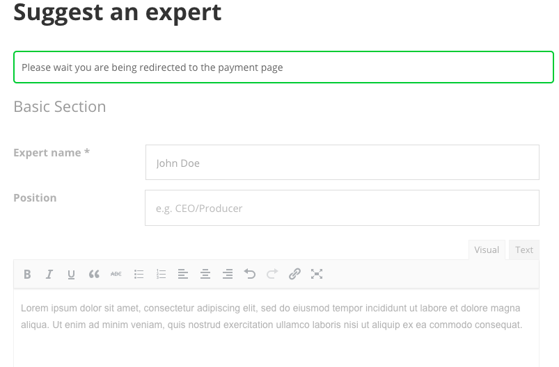 Redirecting to the payment page - WordPress Plugin for Member Directory