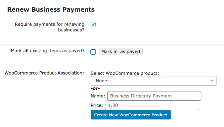 WordPress Business Directory Payments settings for renewing business listings