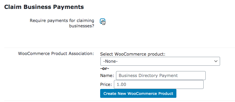 WordPress Business Directory Payments settings for claiming business listings