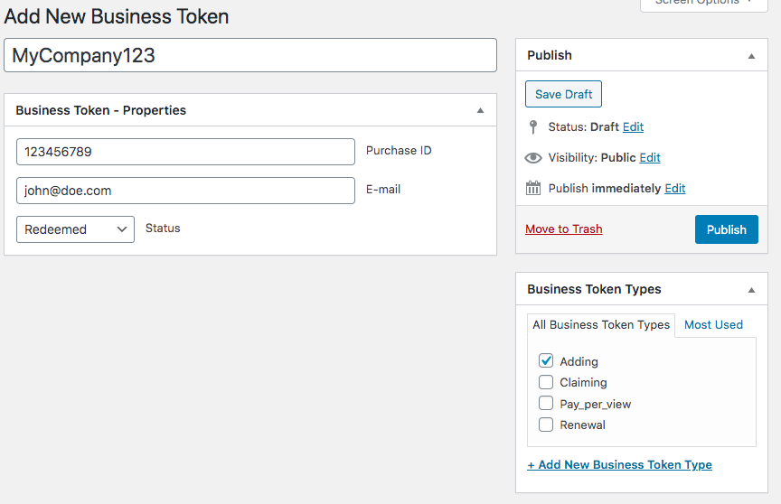 Adding new business token - WordPress Directory Plugin