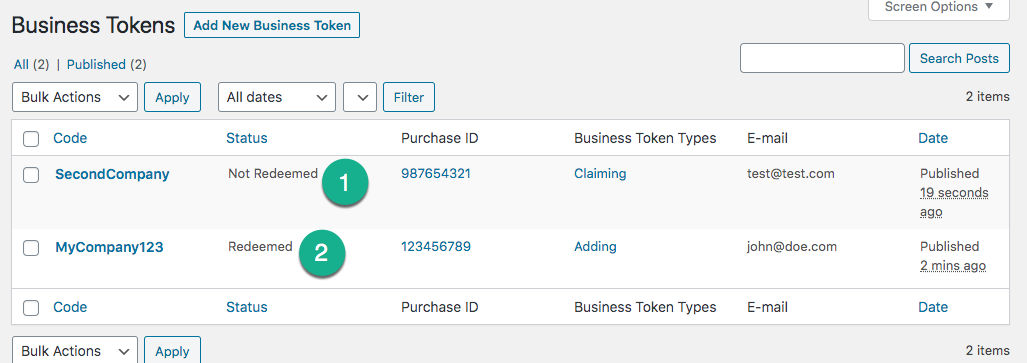 WordPress Business Directory Tokens dashboard