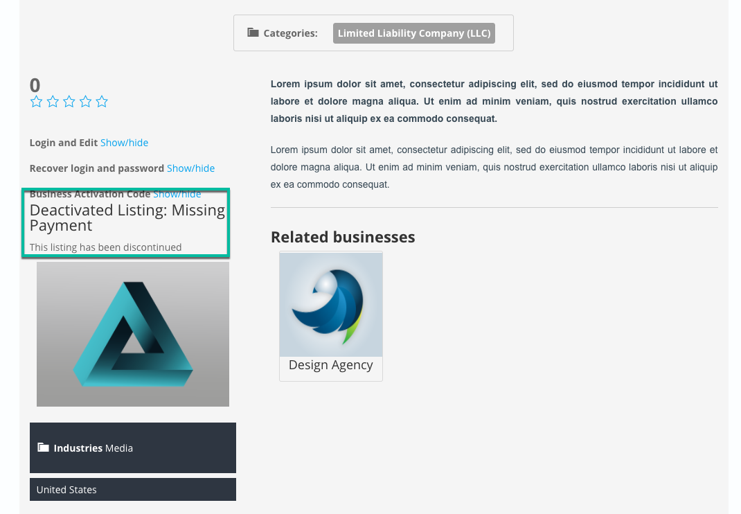 Example of deactivated business profile - Business Directory WordPress