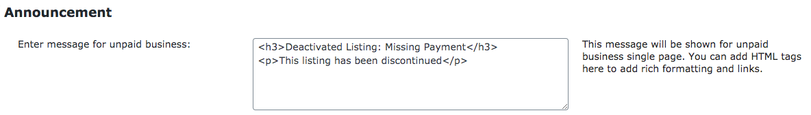 Unpaid business announcement setting - WordPress Directory Plugin