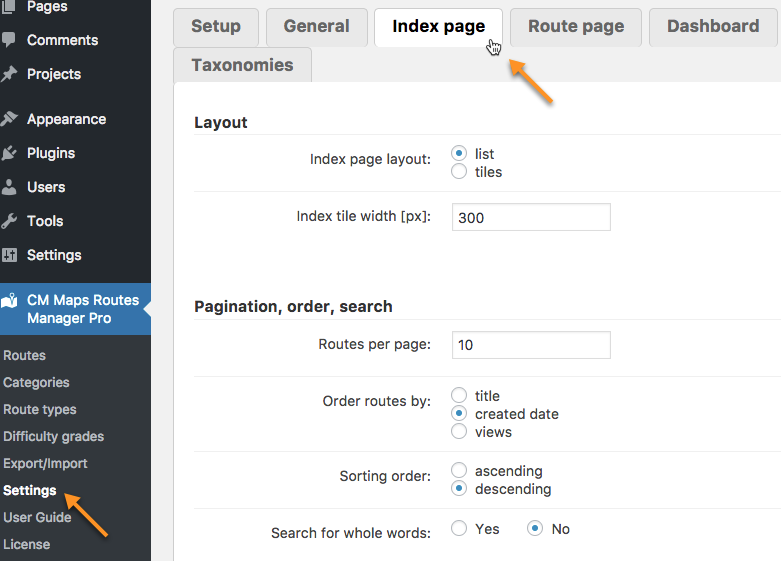 Index page settings - WordPress Plugin Show Route