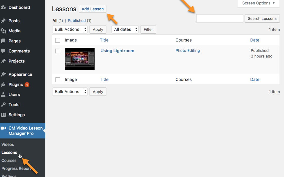 Managing video lessons - WordPress Video Lessons Manager Plugin