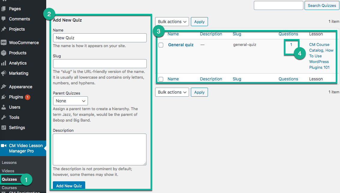 Managing quizzes - WordPress Video Course Plugin