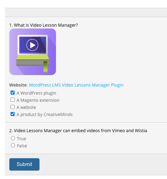 Example of the video lessons quiz - WordPress Learning Management System Plugin