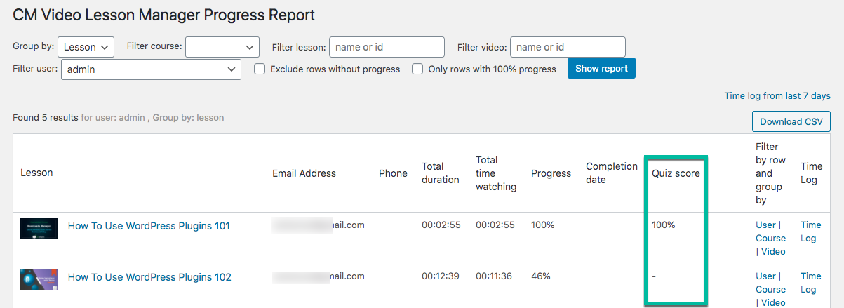 Quiz scores in the progress report - WordPress Video Lessons Manager Plugin