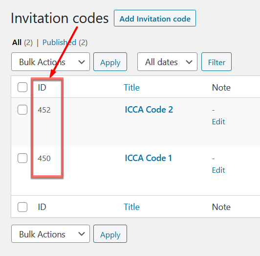 How to find an ID of the invitation code - Portal WordPress Plugin Private Content Per User