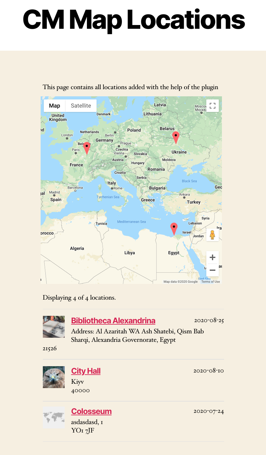 Example the index page with map locations - Google Maps WordPress Plugin