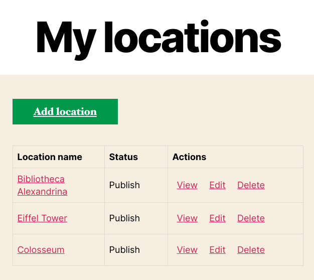 Example of the user dashboard for managing locations - Maps Plugin