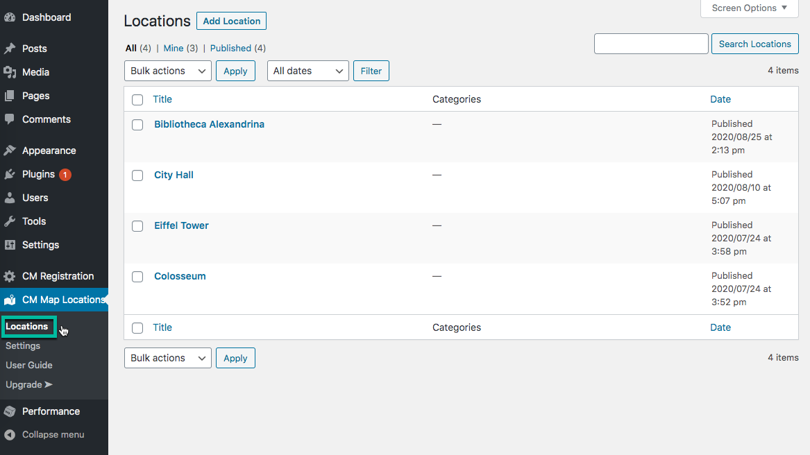 Managing locations on the back-end - WordPress Interactive Map Plugin