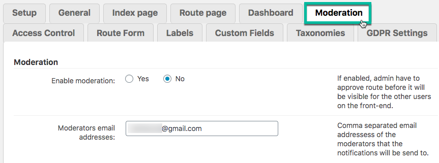 Moderation settings - Route Display WordPress