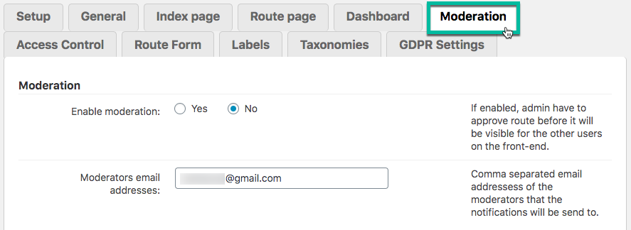 Moderation settings - WordPress Plugin Show Route