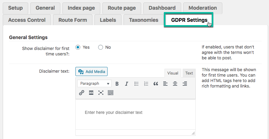 GDPR settings - WordPress Plugin Show Route