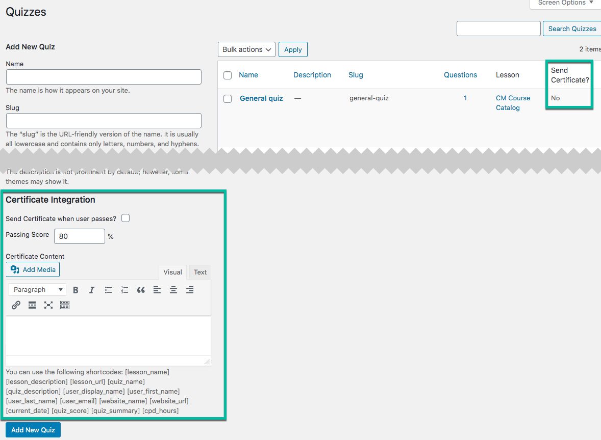 Enabling certificates for quizzes - WordPress Video Course Plugin