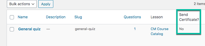 Indicator that shows if the quiz sends a certification after completion - Online Course WordPress Plugin