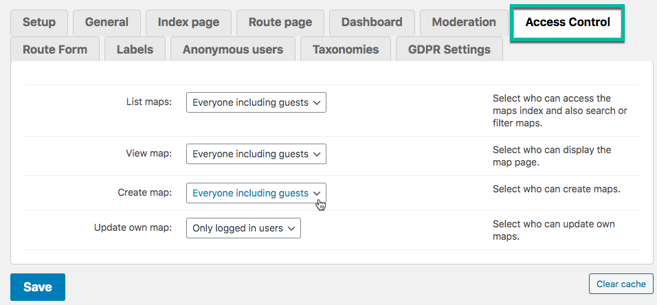 Access Control settings - Route Display Plugin