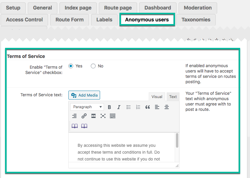 Terms of service settings for anonymous users - WordPress Plugins For Travel Website