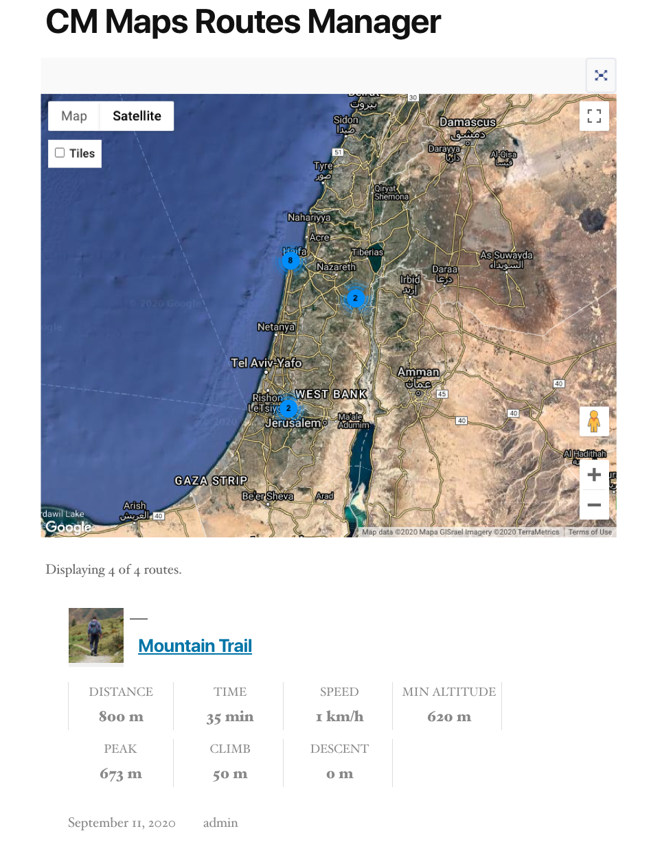 Example of the routes index page - WordPress Plugin Show Route