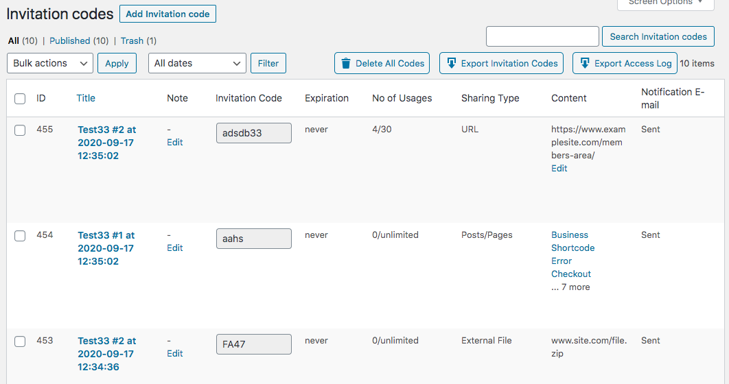 Invitation codes management dashboard - Members Plugin Restrict Content