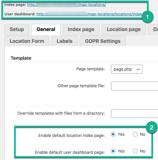 Link to the index page and user dashboard - Maps WordPress Plugin