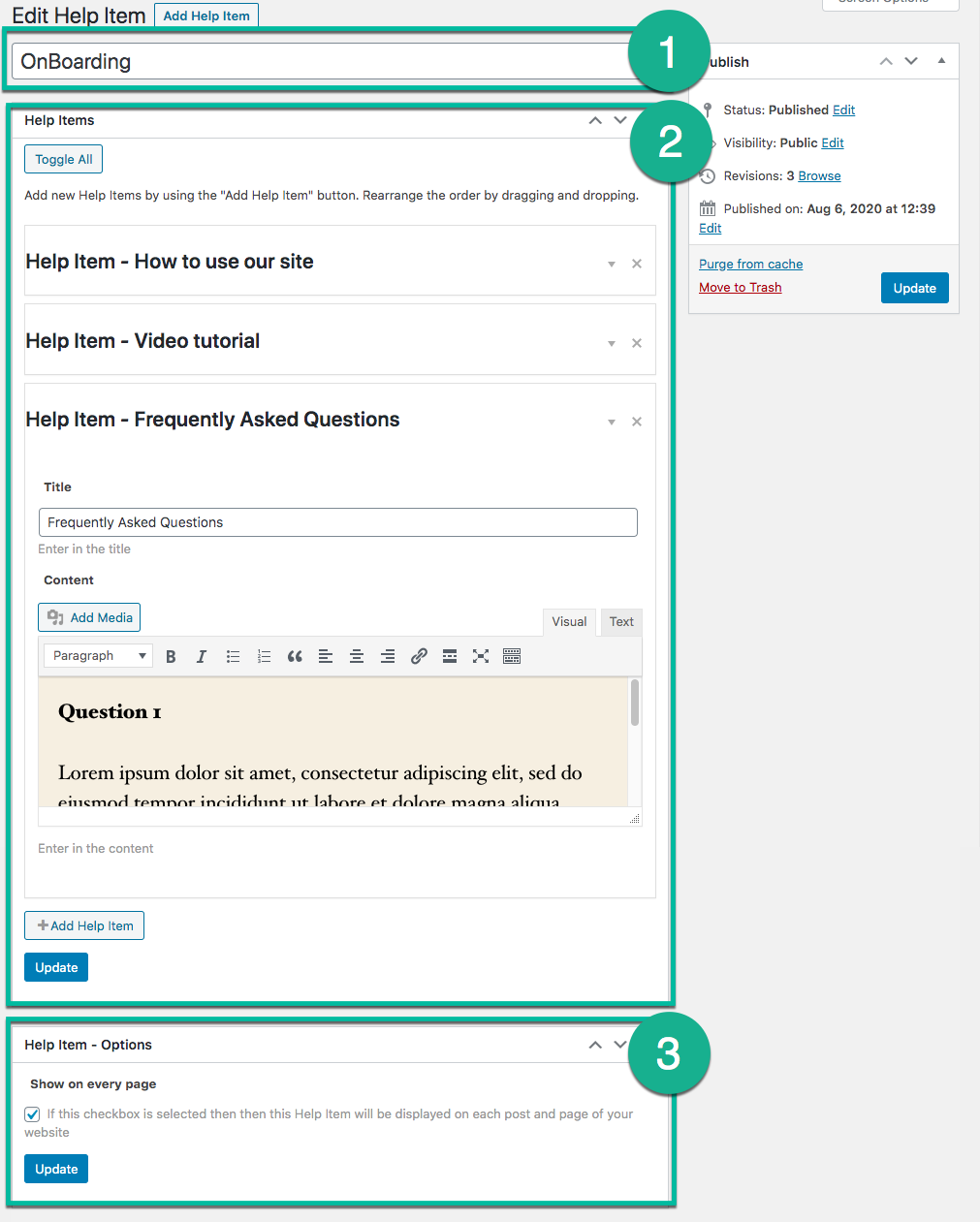 Form for adding OnBoarding items - Website Walkthrough WordPress Plugin