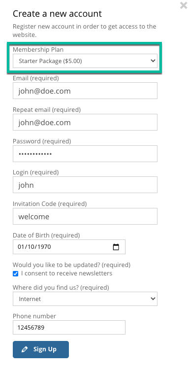 Choosing the membership plan in the registration form - WordPress Login Plugin