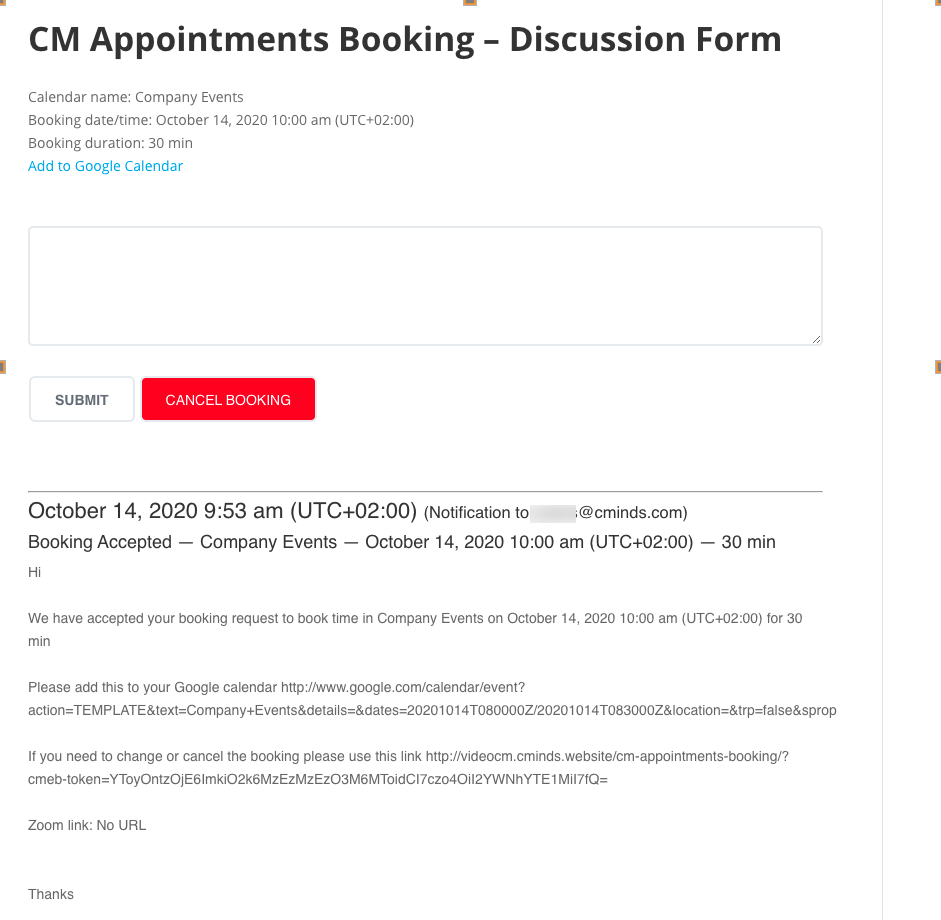 Example of the discussion form - WordPress Plugin for Scheduling Consultations