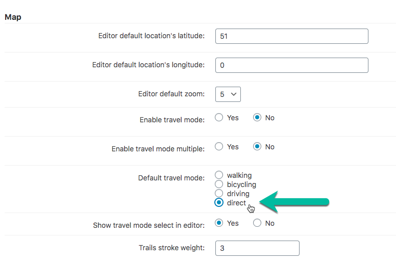 Switching the default travel mode to 'direct' - Route Display Plugin