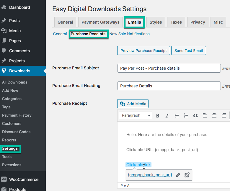 EDD purchase receipts email notifications settings