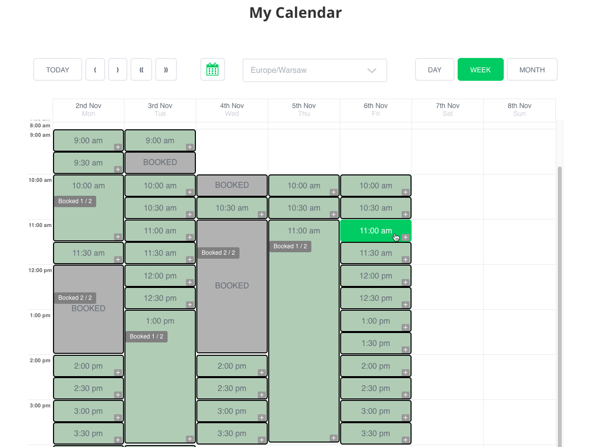 Front-end example of the booking calendar - WordPress Scheduling Plugin