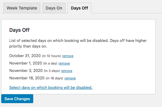 Adding extra days off - WordPress Plugin for Scheduling Consultations