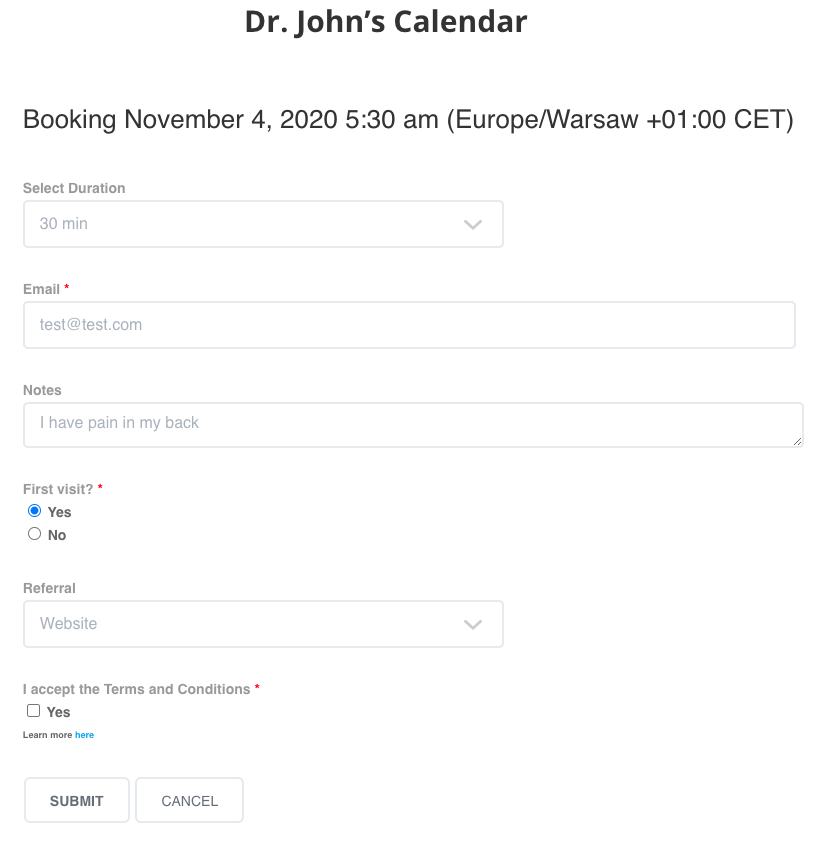 Example of the custom form for booking appointments - WordPress Calendar Booking Plugin