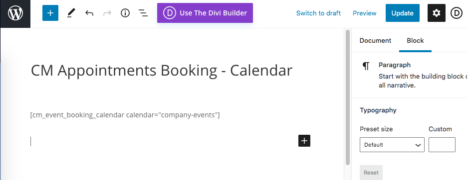 Placing the calendar on the page - WordPress Scheduling Plugin