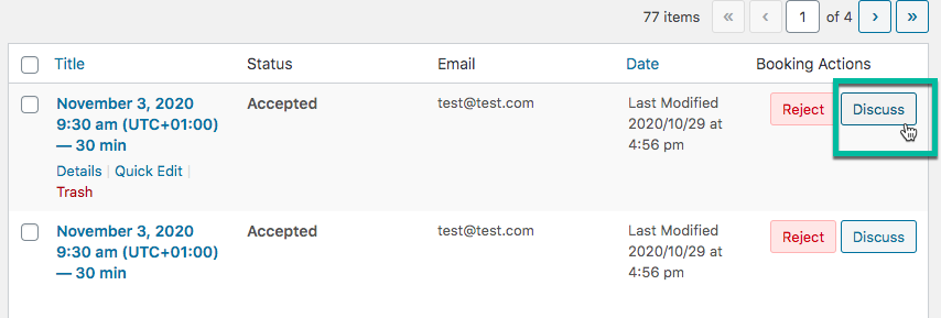 'Discuss' button - WordPress Calendar Booking Plugin